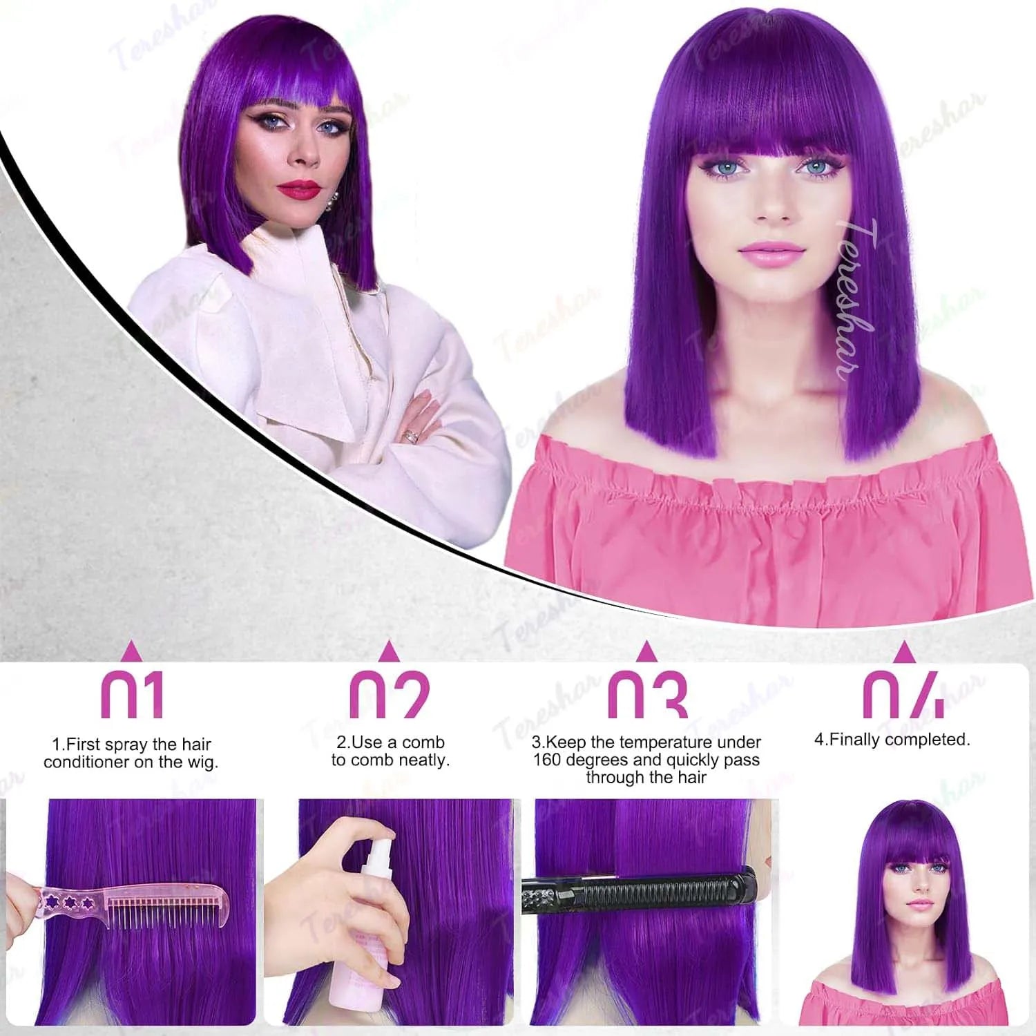 Heat Resistant Synthetic Straight Bob Wig with Bangs for Women - 5