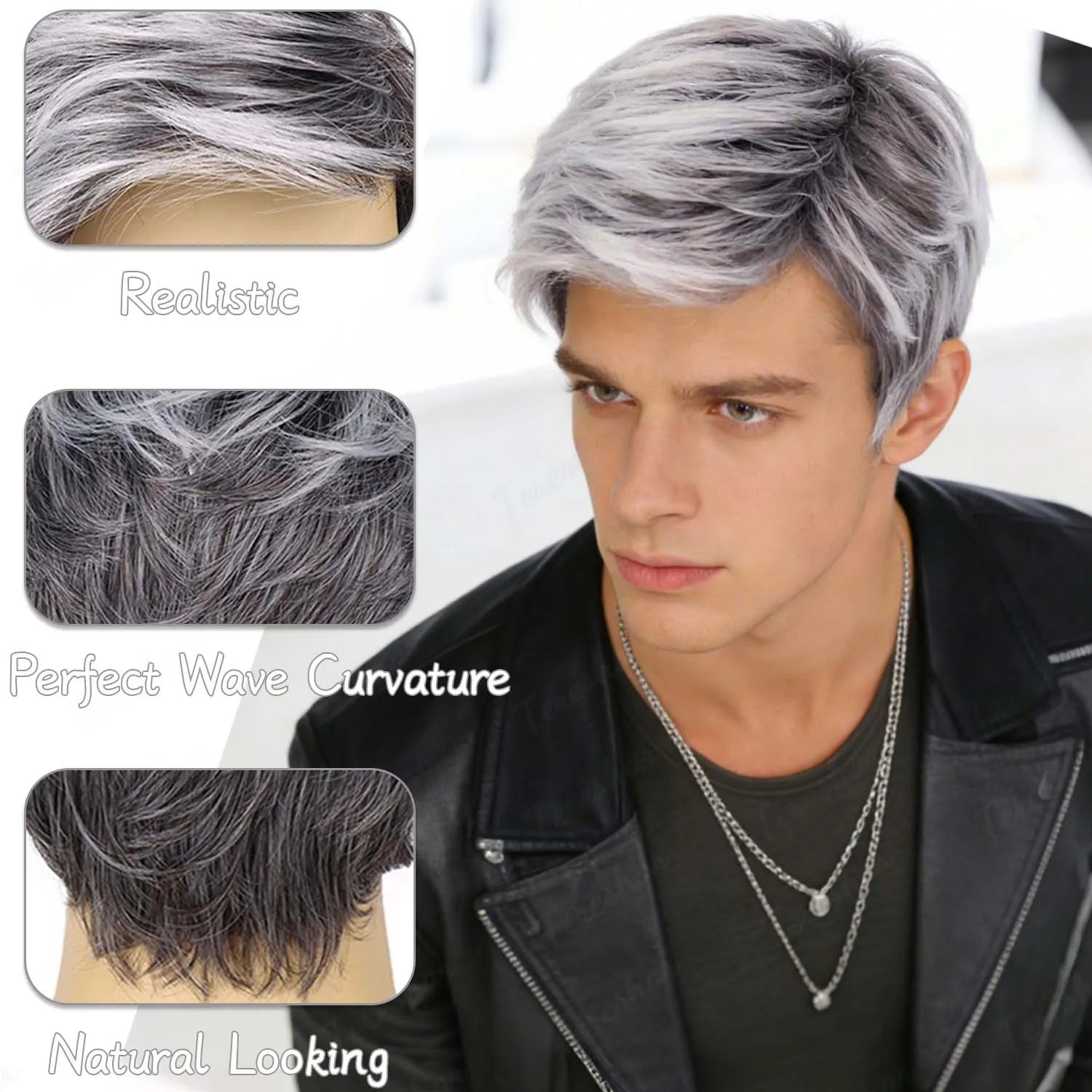 Short Grey Layered Wig for Men Costume Cosplay and Halloween Parties - 5
