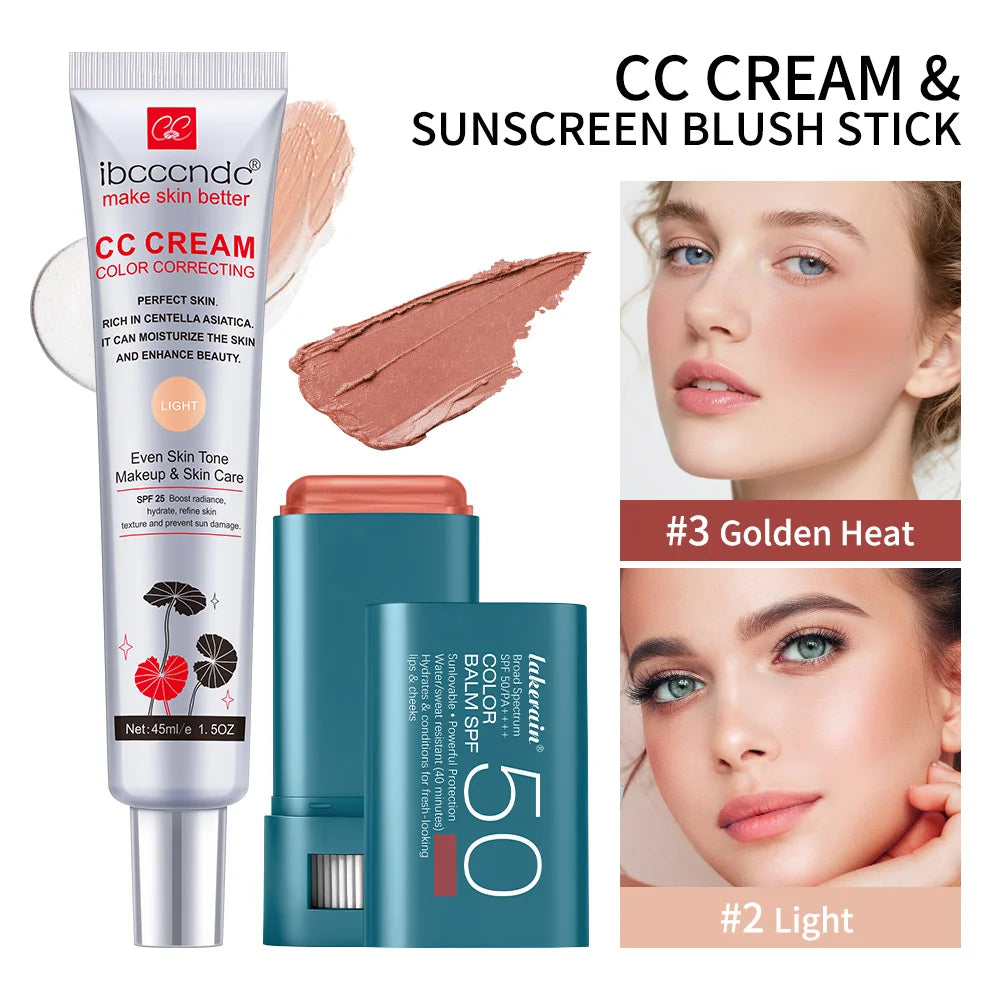 Color Correcting CC Cream and SPF 50 Sunscreen Blush Stick Makeup Set - 33