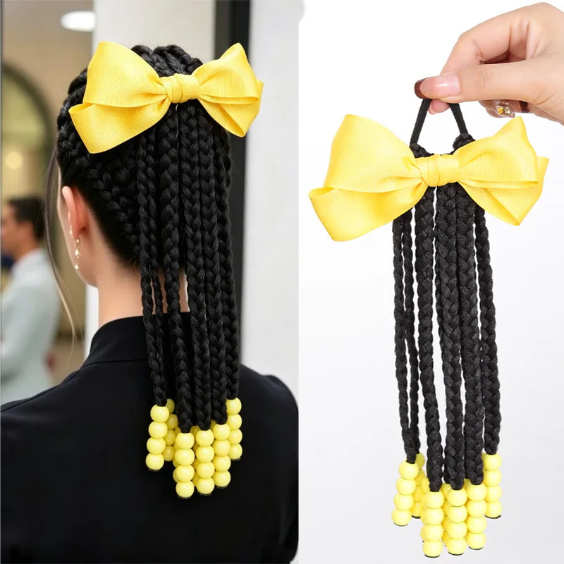 Yellow Bow Braided Ponytail Extension with Beads for Kids - 1
