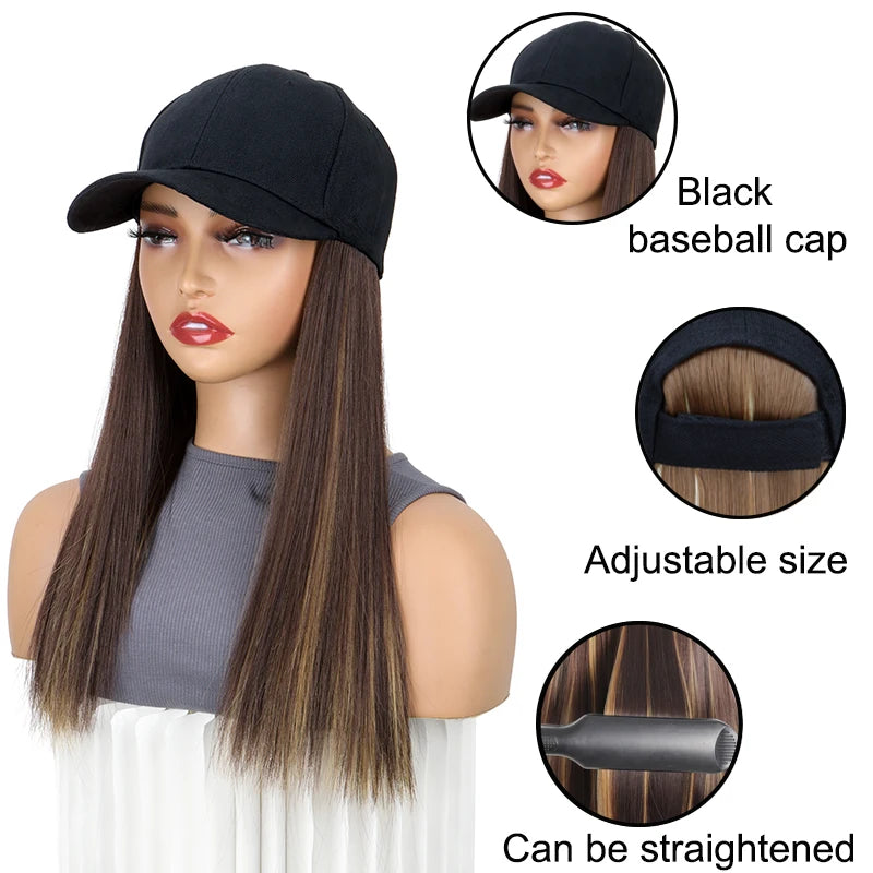 Adjustable Baseball Cap with Attached Long Straight Hair Wig