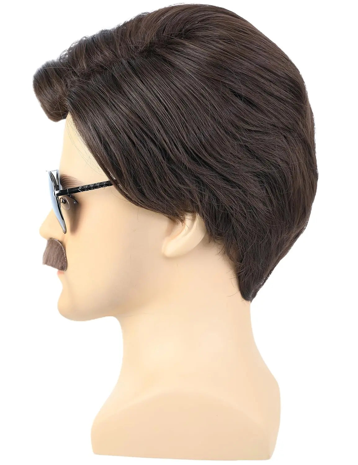 Short Brown Costume Wig Set with Mustache and Sunglasses for Parties