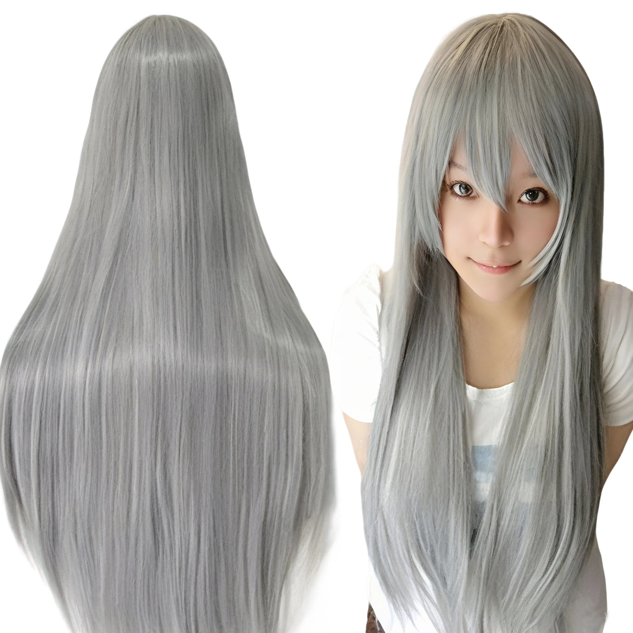 Long Straight Gray Cosplay Wig for Halloween and Costume Parties - 1