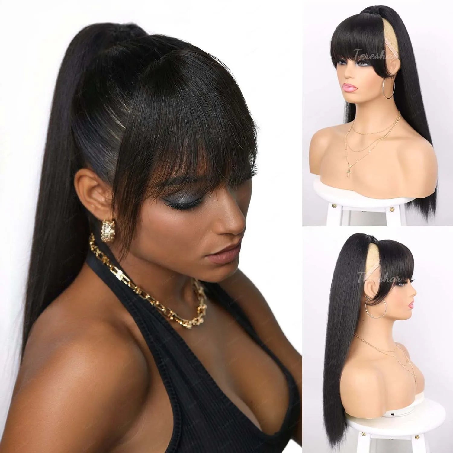 Long Yaki Straight Ponytail Extension with Bangs for Daily Hair Styling - 1