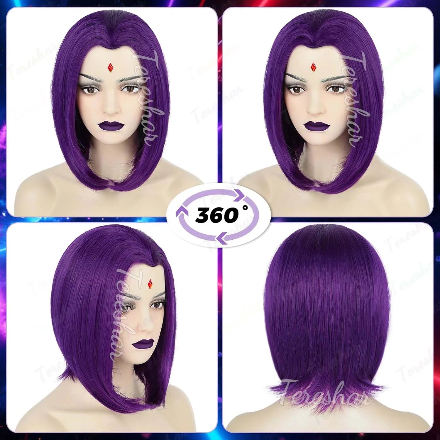 Short Purple Bob Wig for Superhero Cosplay and Halloween Costume Parties - 3