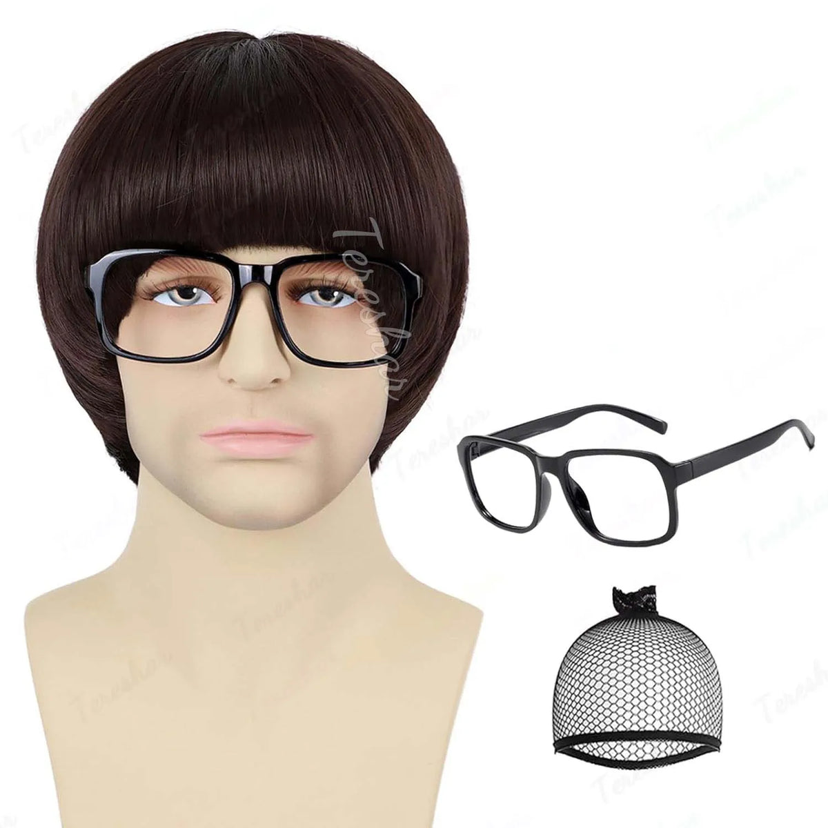 Short Synthetic Mushroom Wig with Glasses for Costume Parties
