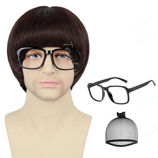 Short Synthetic Mushroom Wig with Glasses for Costume Parties
