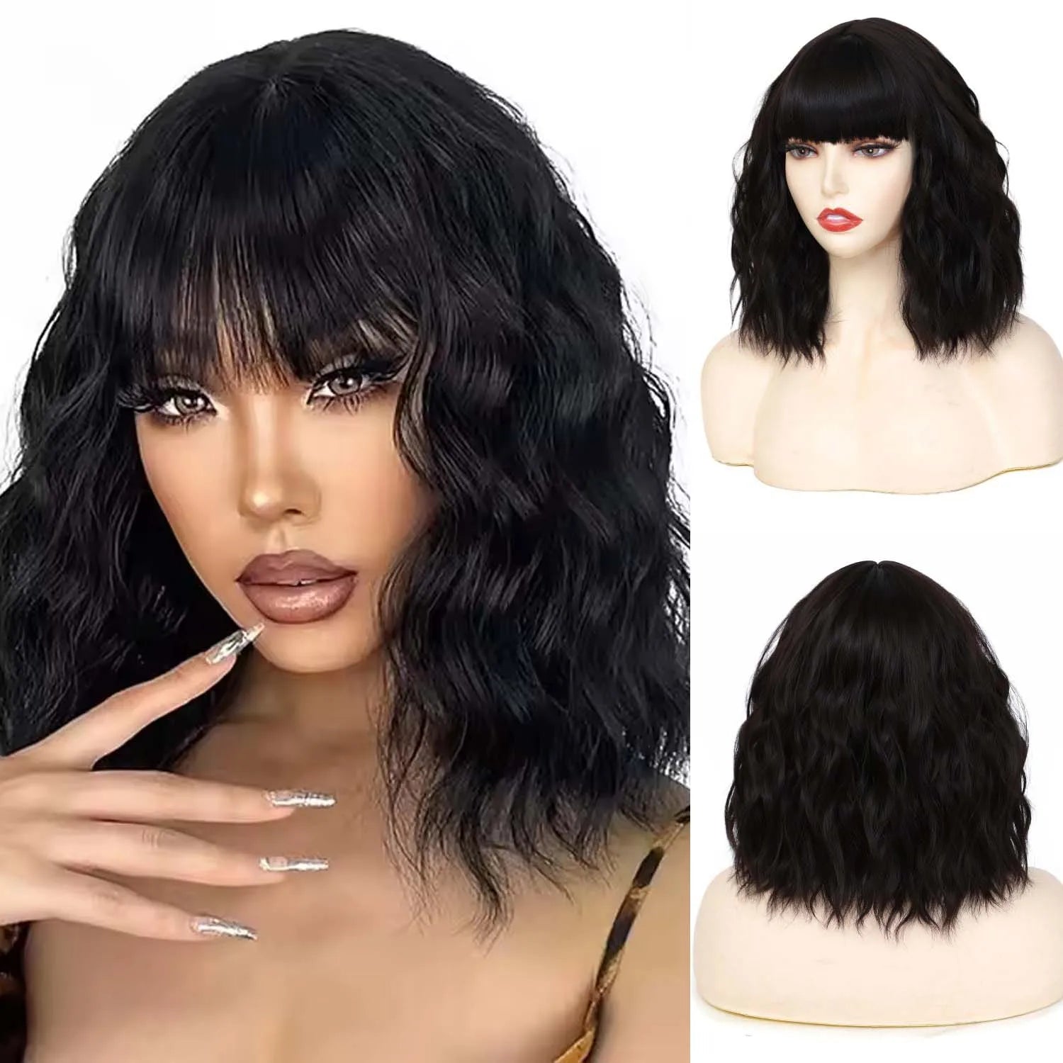 Short Wavy White Wig with Bangs for Cosplay and Daily Wear - 13