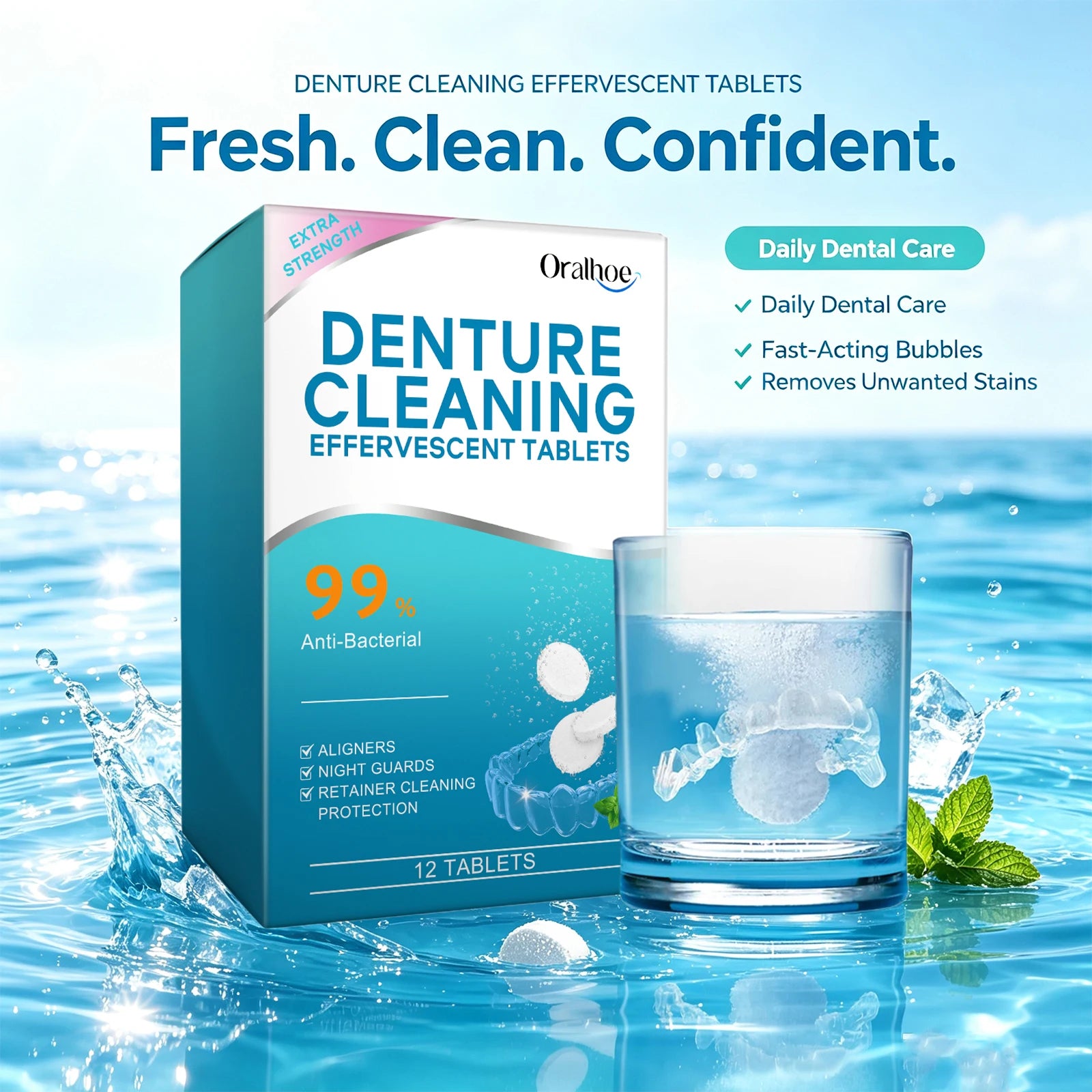 Effervescent Denture Cleaning Tablets for Stain Removal and Fresh Breath - 1