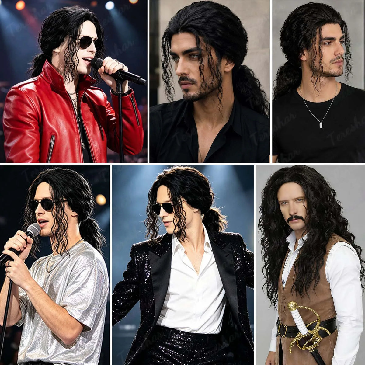 Long Black Curly Cosplay Wig for Men and Women Retro Costume Parties