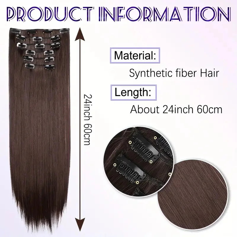 24-Inch Long Straight Clip-In Hair Extensions for Daily Wear