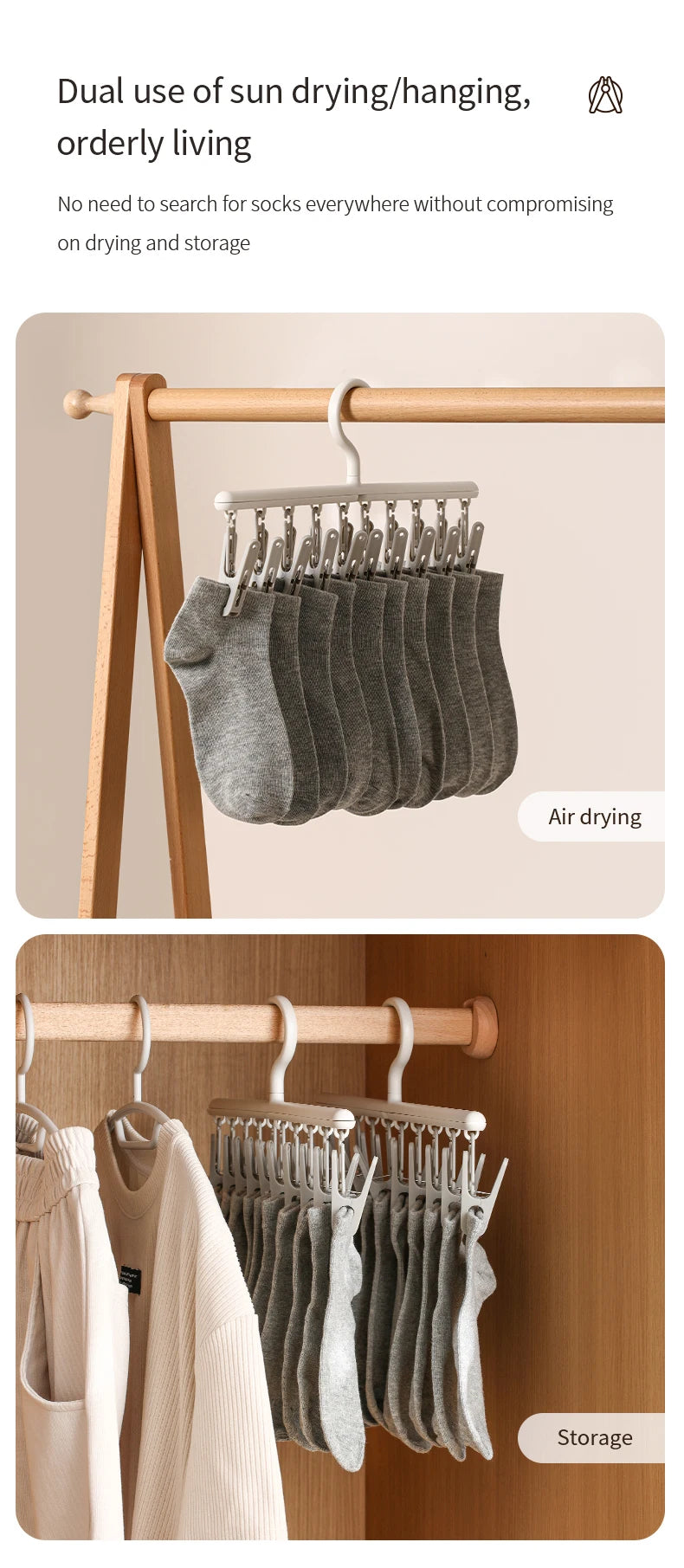10-Clip Hanging Drying Rack for Socks and Undergarments - 9