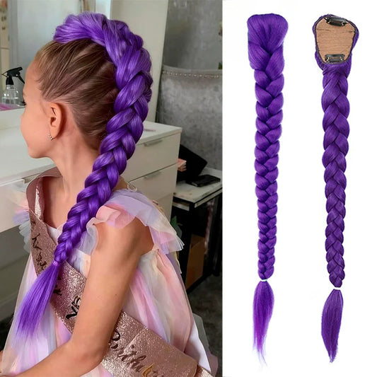26-Inch Clip-In Braided Purple Ponytail for Kids and Costumes