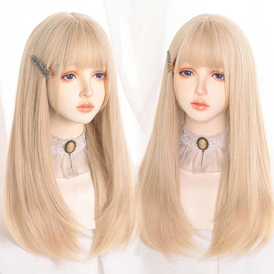 Long Wavy Ash Blonde Synthetic Wig with Bangs