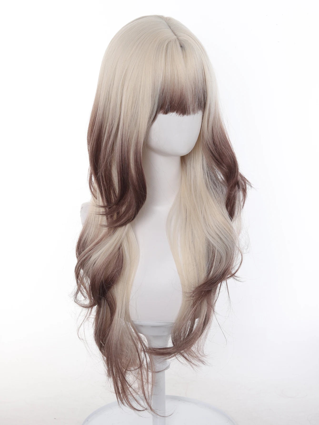 Long Ombre Blonde and Brown Synthetic Wig with Bangs for Daily Wear - 9