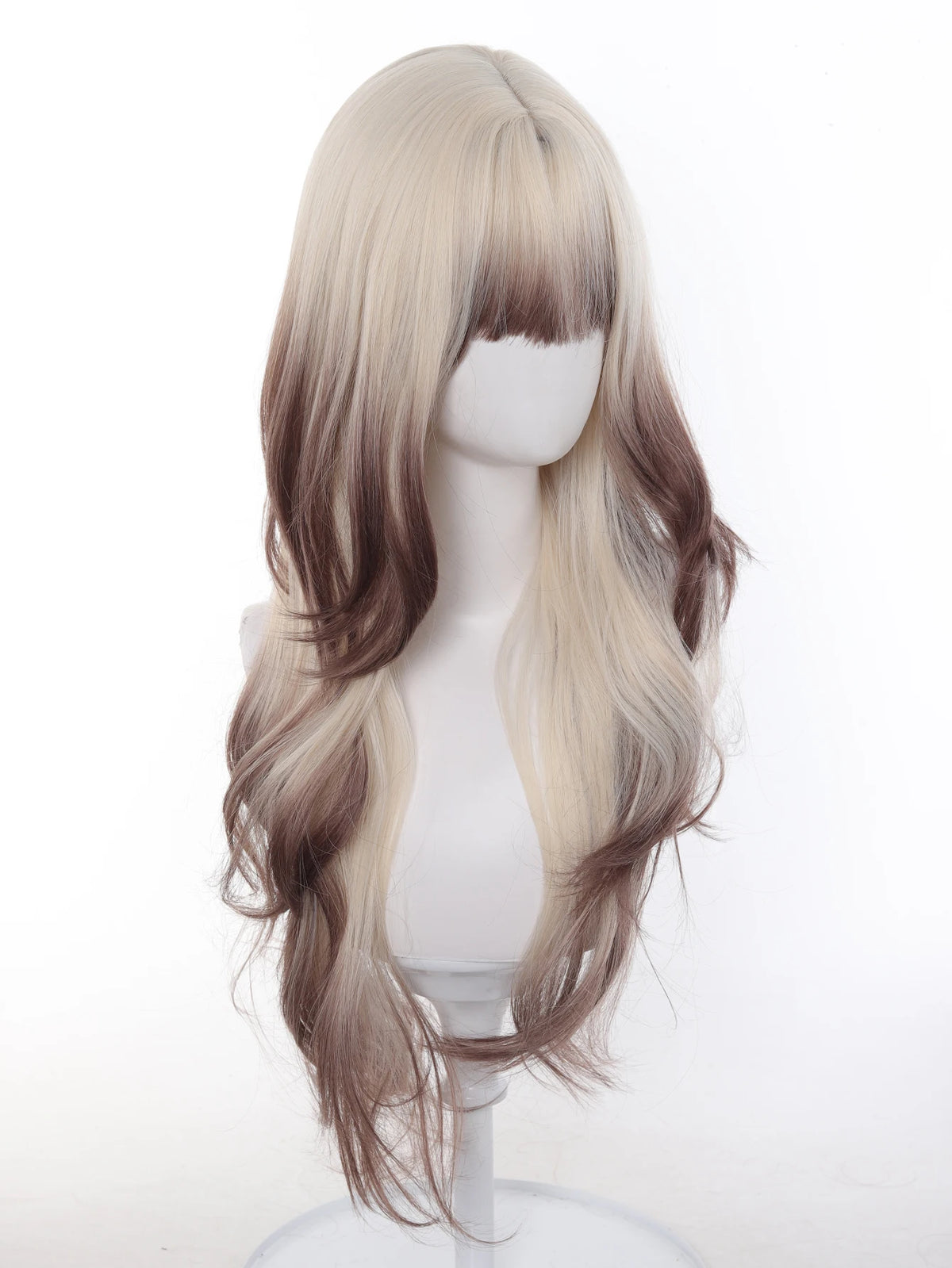 Long Ombre Blonde and Brown Synthetic Wig with Bangs for Daily Wear