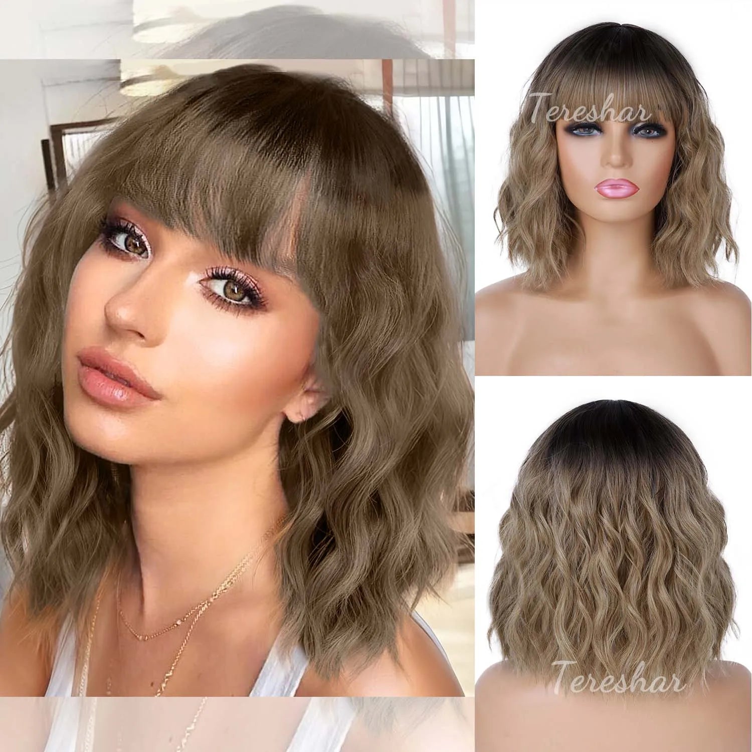 Short Wavy White Wig with Bangs for Cosplay and Daily Wear - 18
