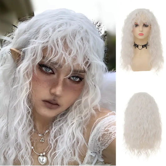 White Curly Wavy Costume Wig with Bangs for Cosplay and Halloween
