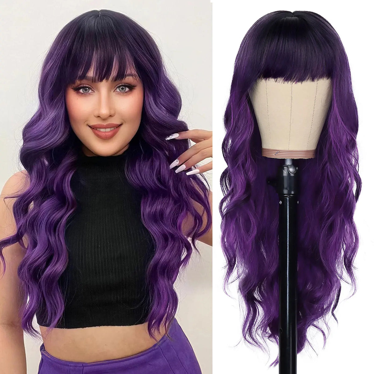 Long Wavy Synthetic Wig with Bangs for Daily Use and Parties