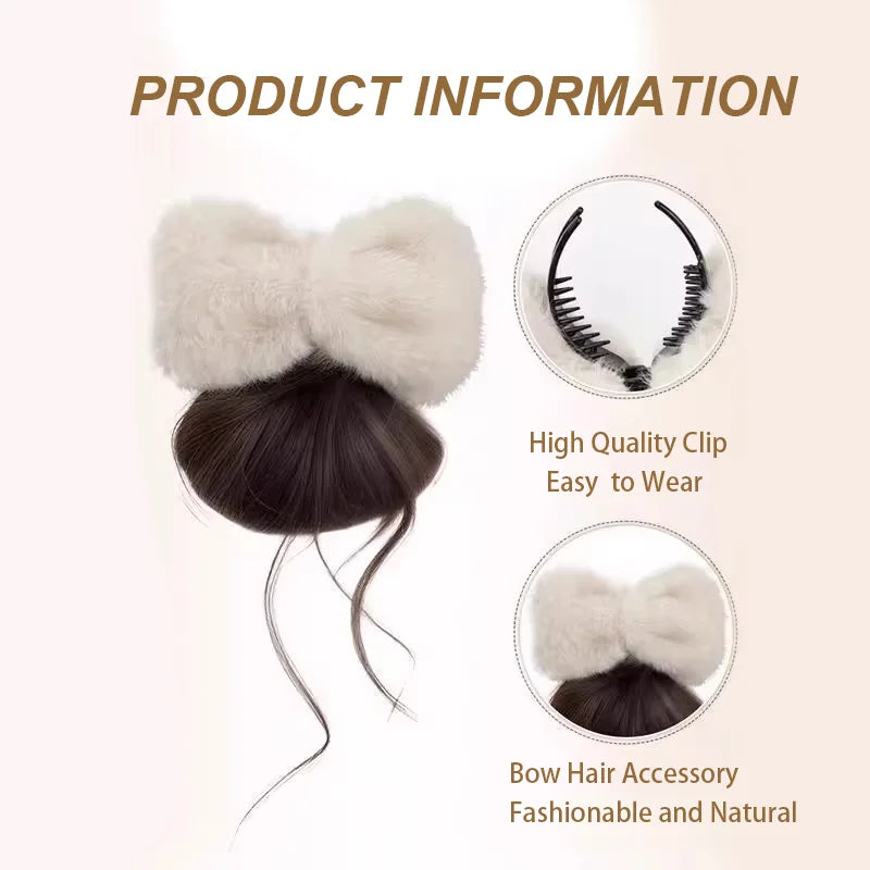 Fluffy Plush Bow Synthetic Hair Bun Extension Clip for Effortless Styling - 3