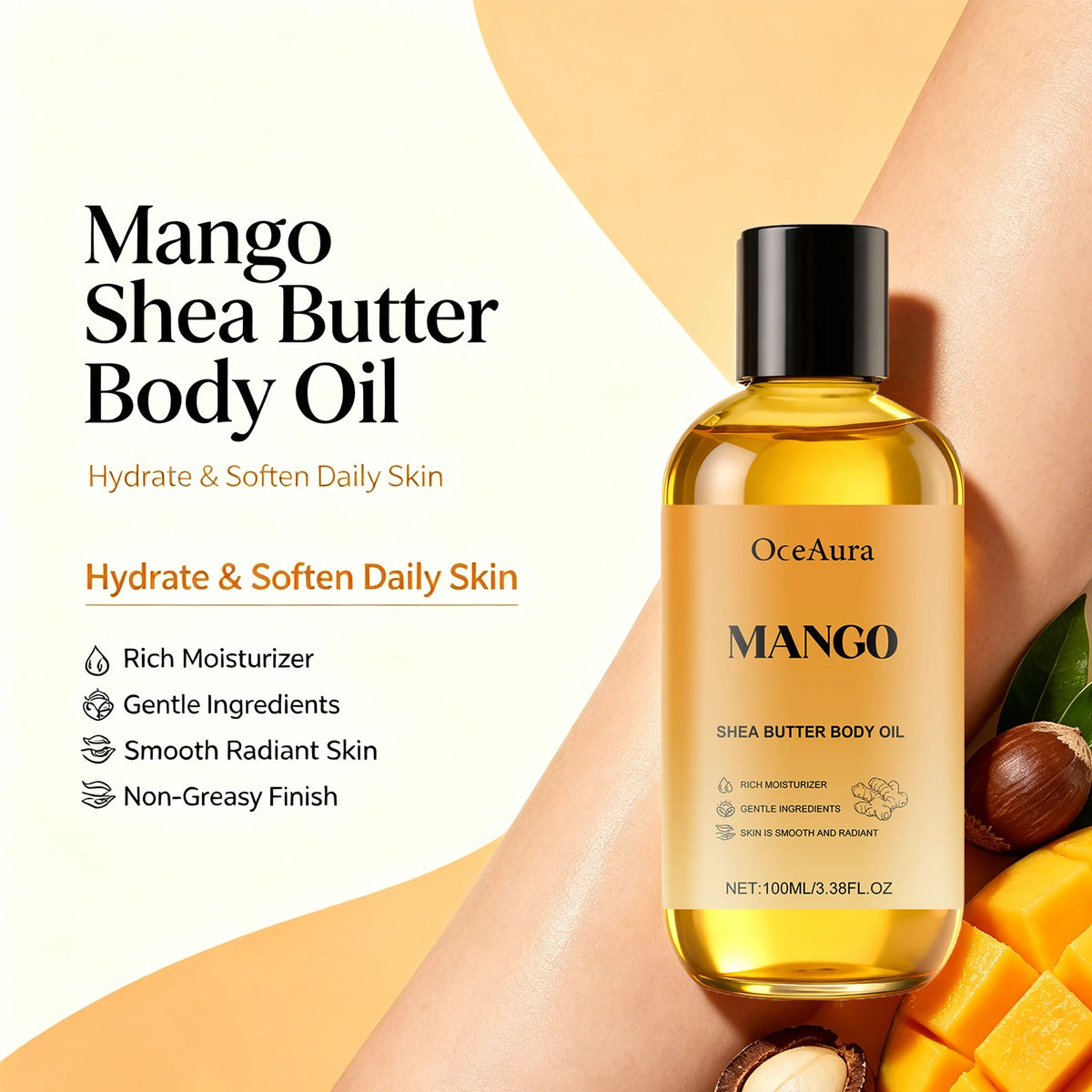 Mango Shea Butter Body Oil for Deep Skin Hydration and Smoothing Rough Skin