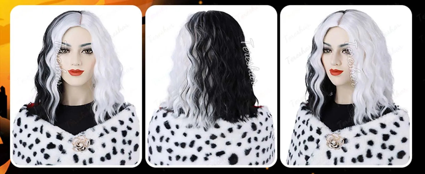 Black and White Wavy Cosplay Wig Set with Dalmatian Shawl and Accessories - 9
