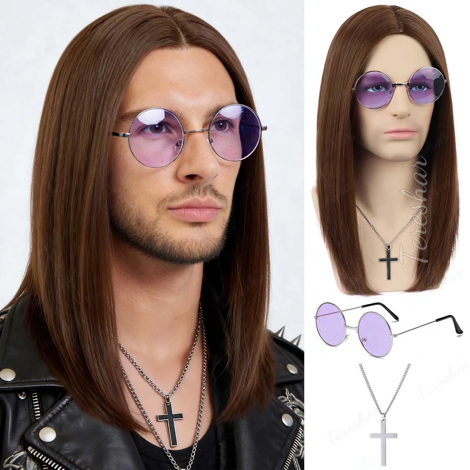 80s Heavy Metal Rocker Costume Wig Set with Glasses and Cross Necklace - 8