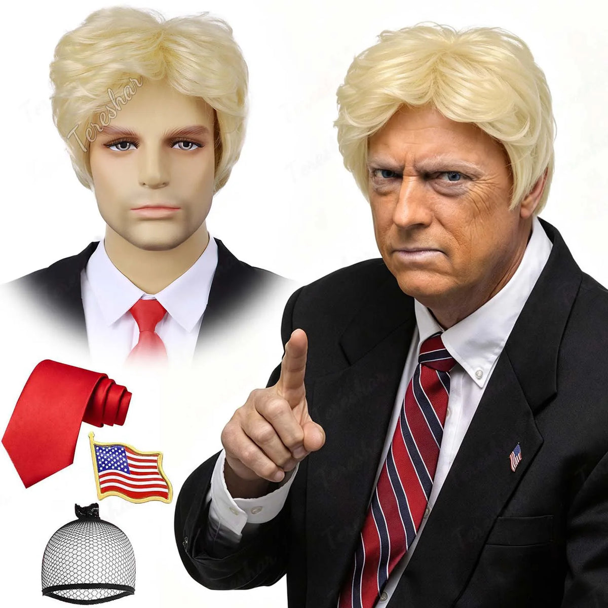 Short Blonde Men's Cosplay Wig with Red Tie and Flag Pin for Halloween