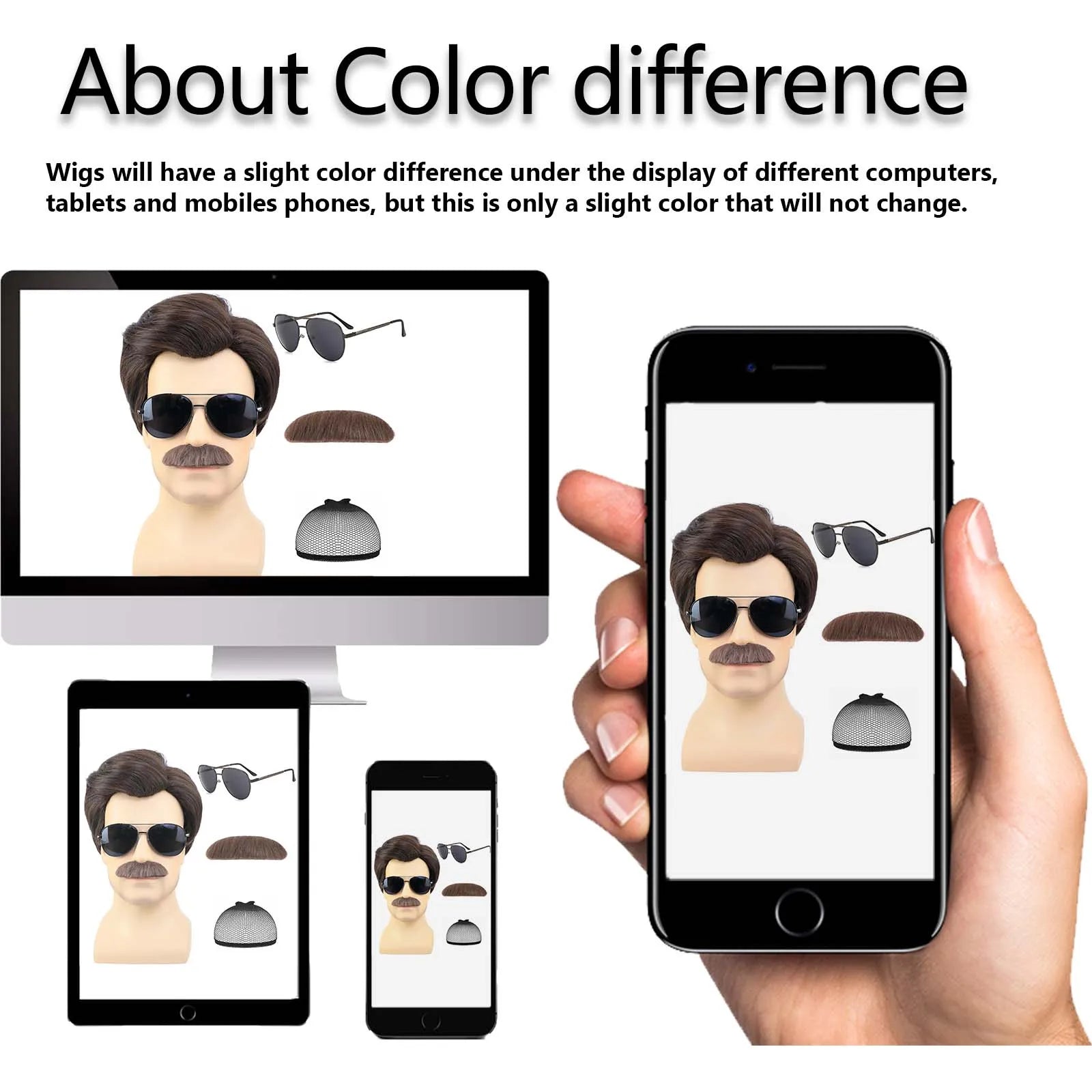 Short Brown Costume Wig Set with Mustache and Sunglasses for Parties - 6