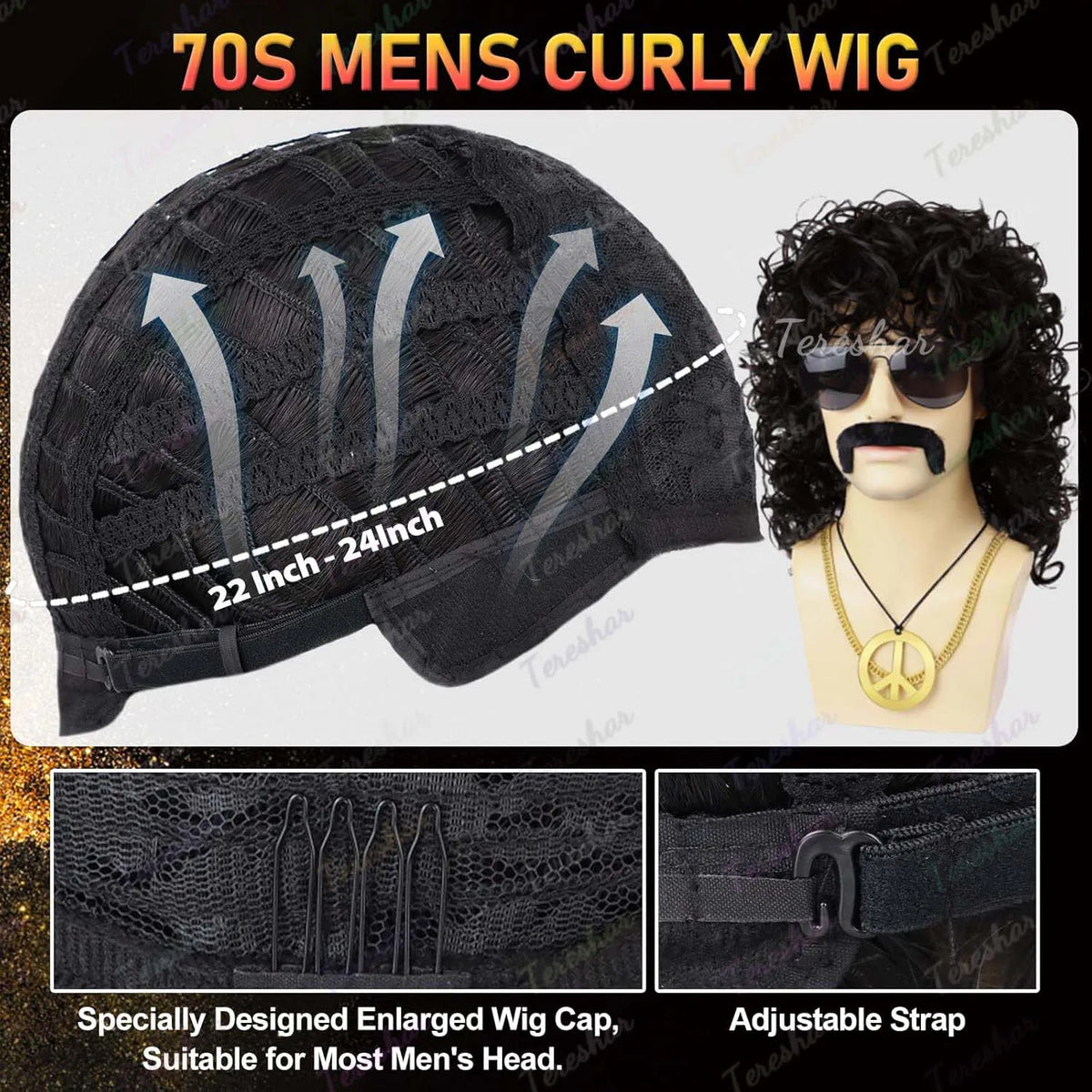 80s Rocker Curly Wig Set with Mustache Glasses and Gold Chain for Men