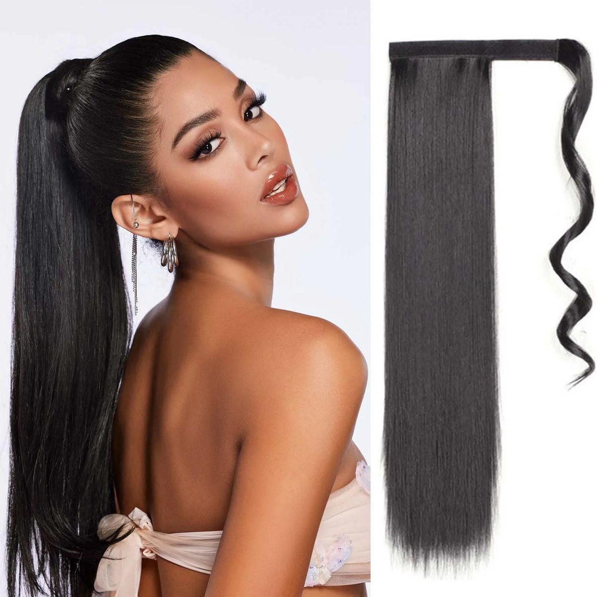 24 Inch Long Straight Wrap Around Ponytail Hair Extension for Women