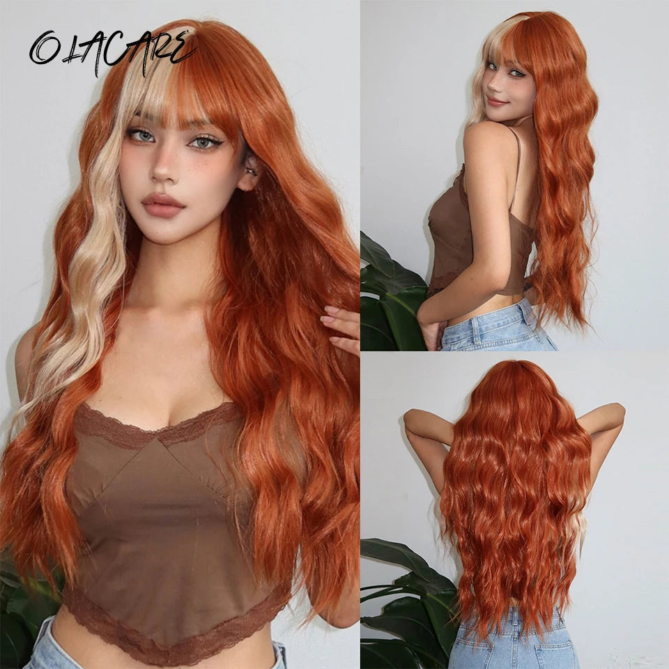 Long Wavy Ombre Blonde Pink Wig with Bangs