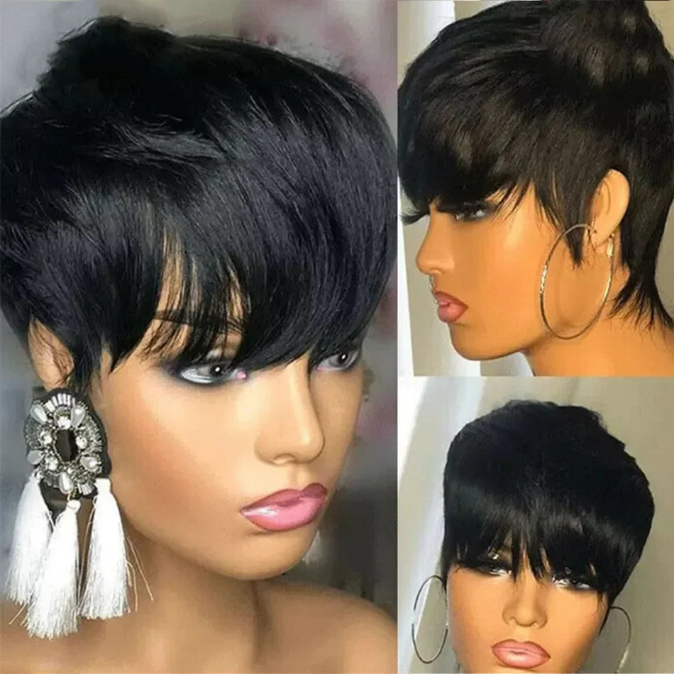 Short Pixie Cut Human Hair Bob Wig with Bangs - 2