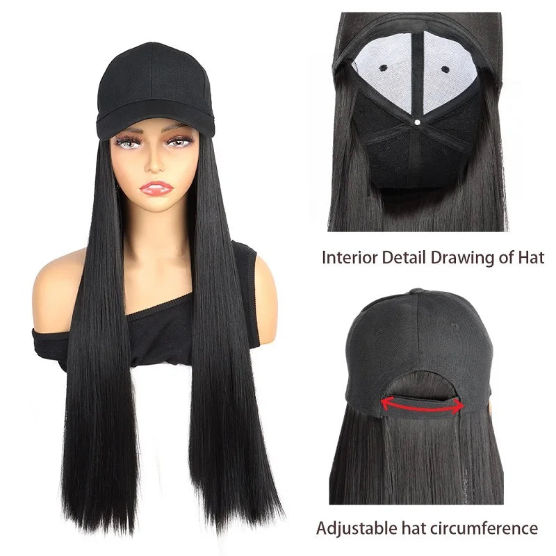 24-Inch Adjustable Baseball Hat with Attached Long Straight Hair