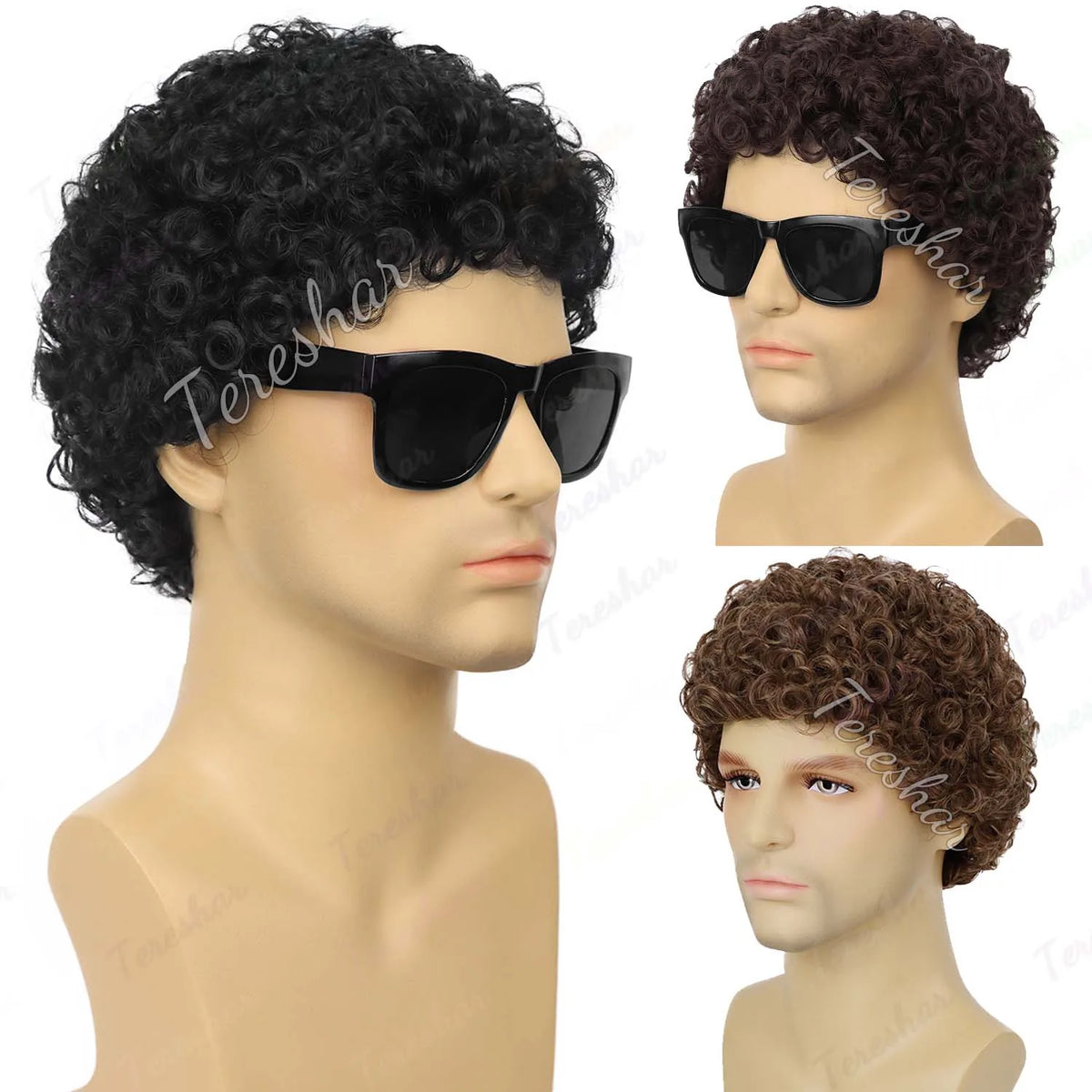 Short Curly Afro Wig with Sunglasses for Men Costume and Cosplay