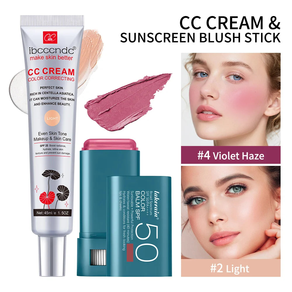 Color Correcting CC Cream and SPF 50 Sunscreen Blush Stick Makeup Set