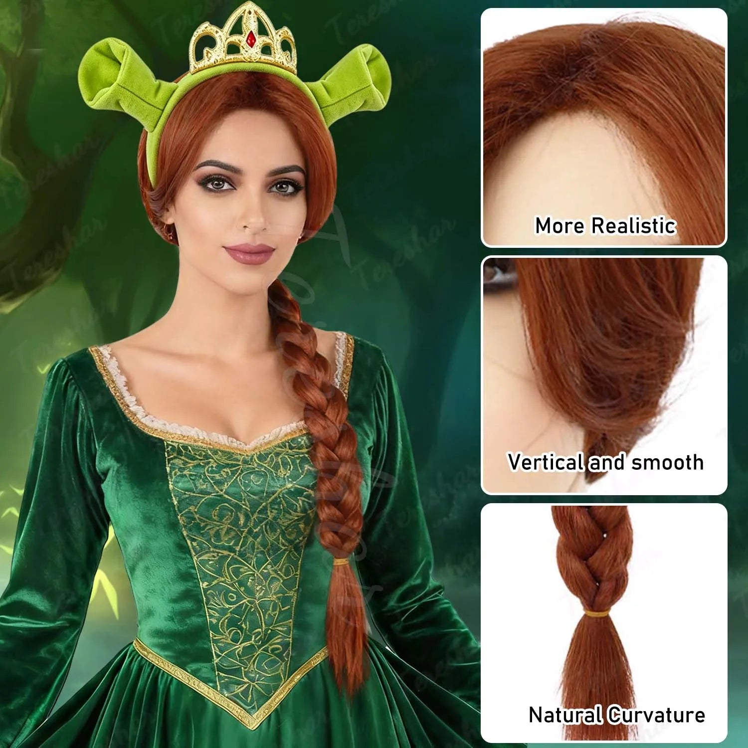 Reddish Brown Braided Costume Wig with Ogre Ears and Princess Crown - 4