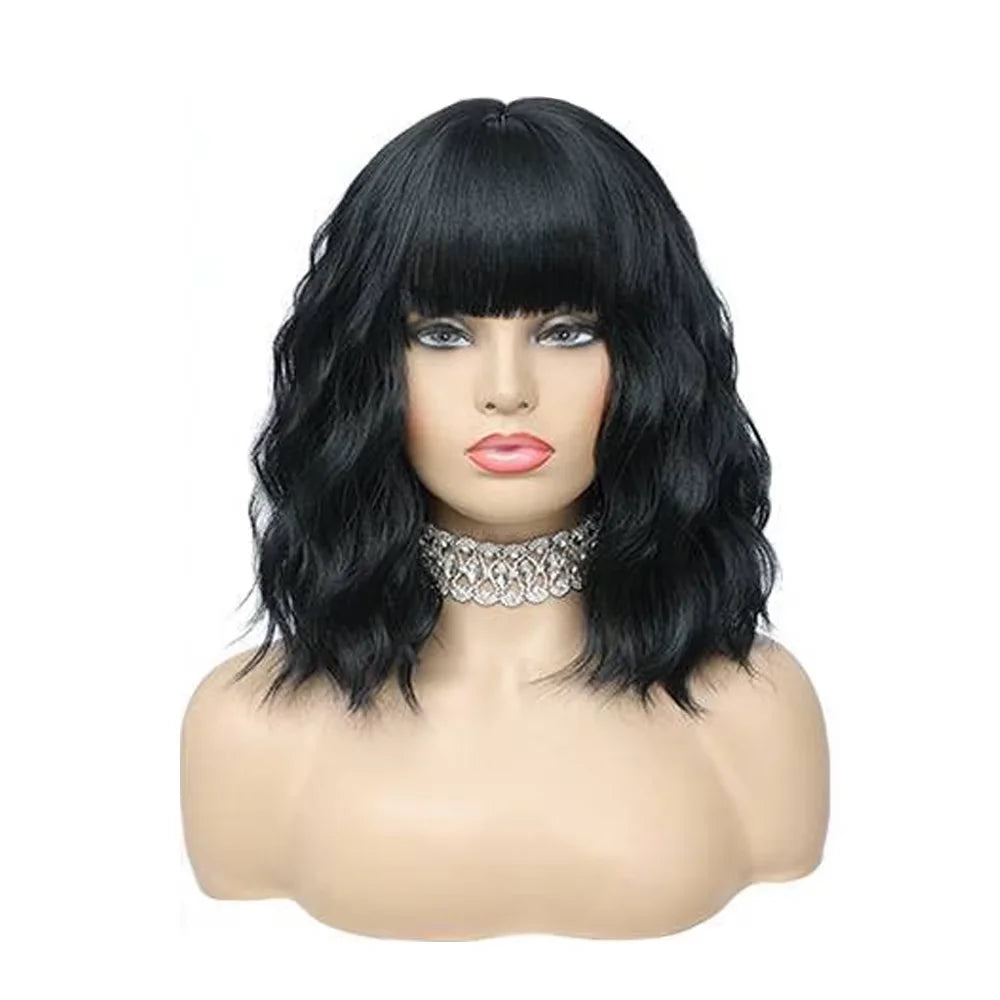 Short Wavy Bob Wig with Bangs for Daily Wear - 12