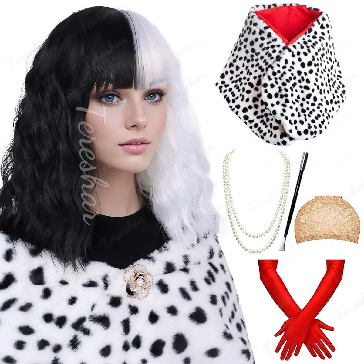 Black and White Wavy Cosplay Wig Set with Dalmatian Shawl and Accessories