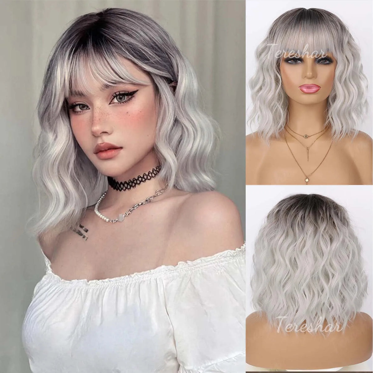 Short Wavy White Wig with Bangs for Cosplay and Daily Wear