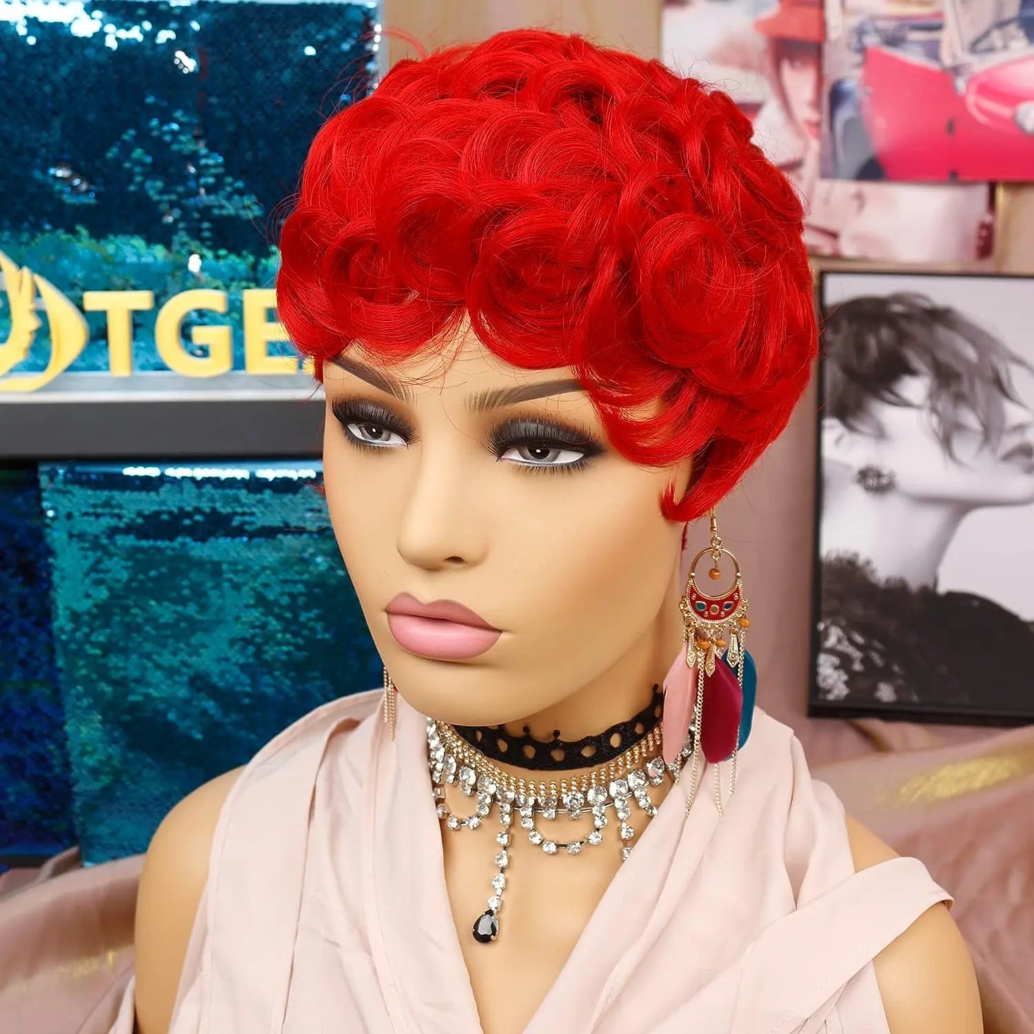 Short Fluffy Red Pixie Cut Curly Wig for Women - 2