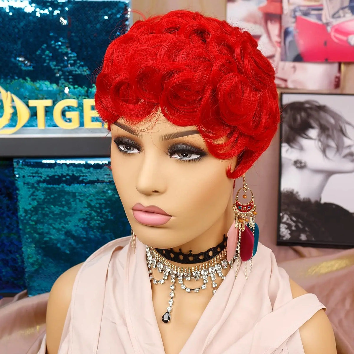 Short Fluffy Red Pixie Cut Curly Wig for Women