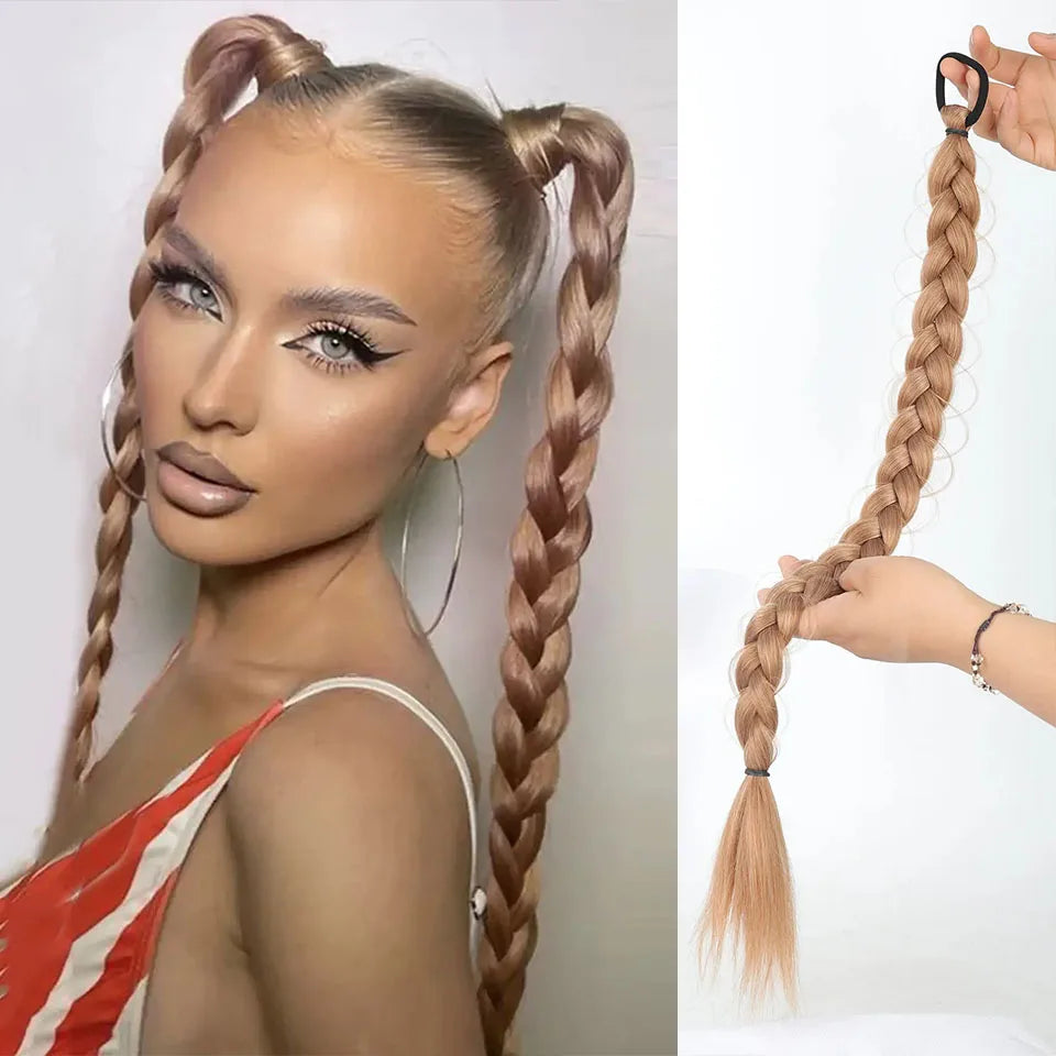 Long Synthetic Braided Ponytail Extension with Secure Rubber Band