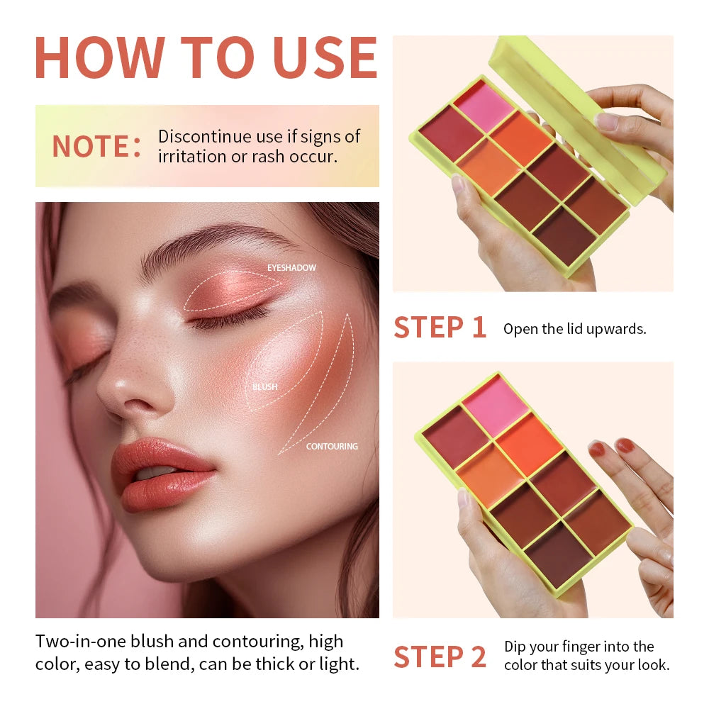 8-Color Cream Blush and Face Contouring Palette for Natural Makeup Looks - 3