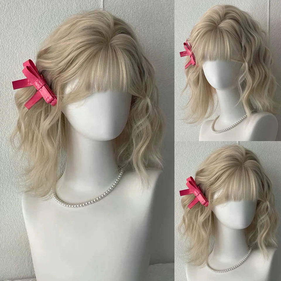 Long Wavy Ash Blonde Synthetic Wig with Bangs