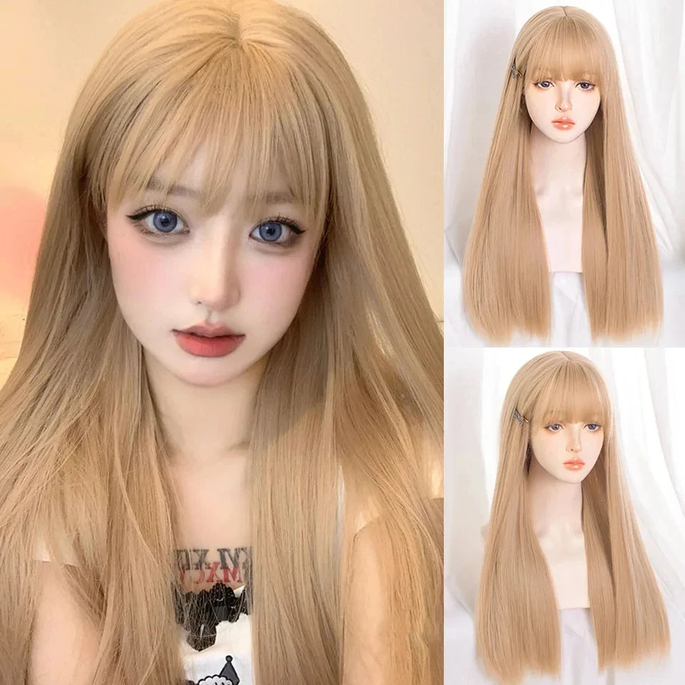 Long Wavy Ombre Blonde Pink Wig with Bangs - 47