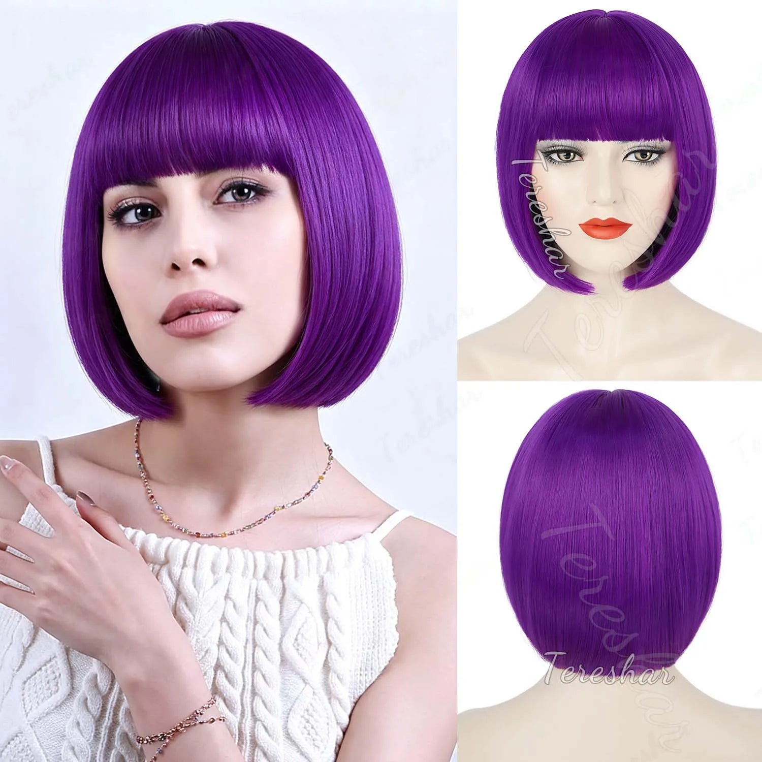 Short Straight Bob Wig with Bangs for Daily Wear and Cosplay - 19
