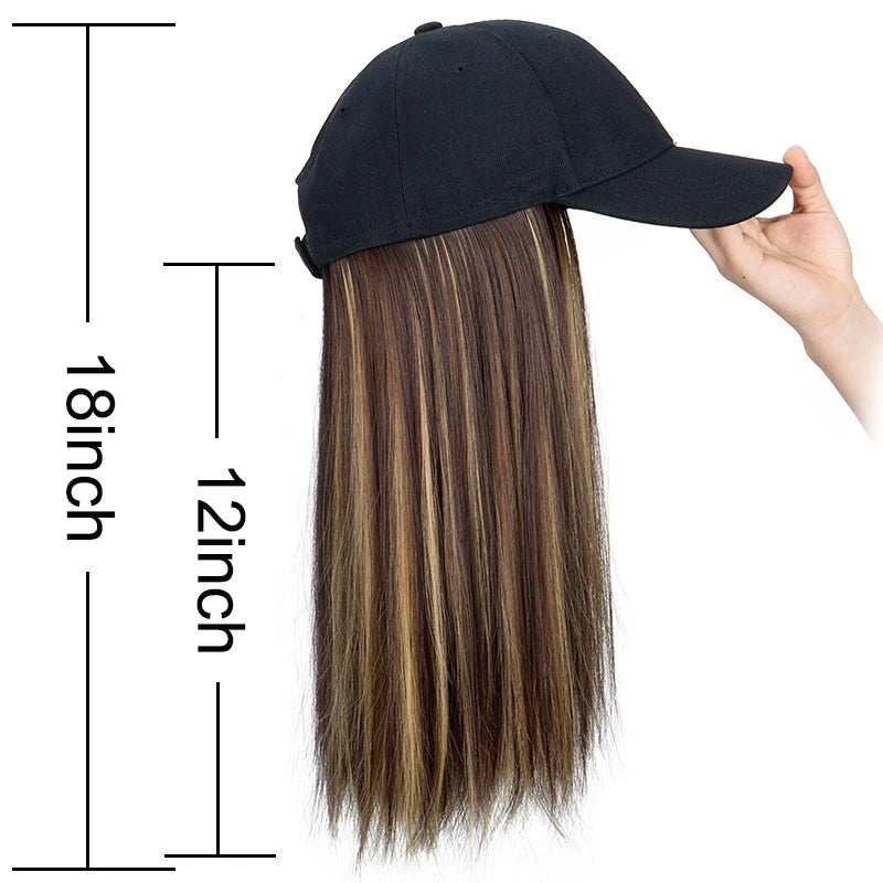 Adjustable Baseball Cap with Attached Long Straight Hair Wig