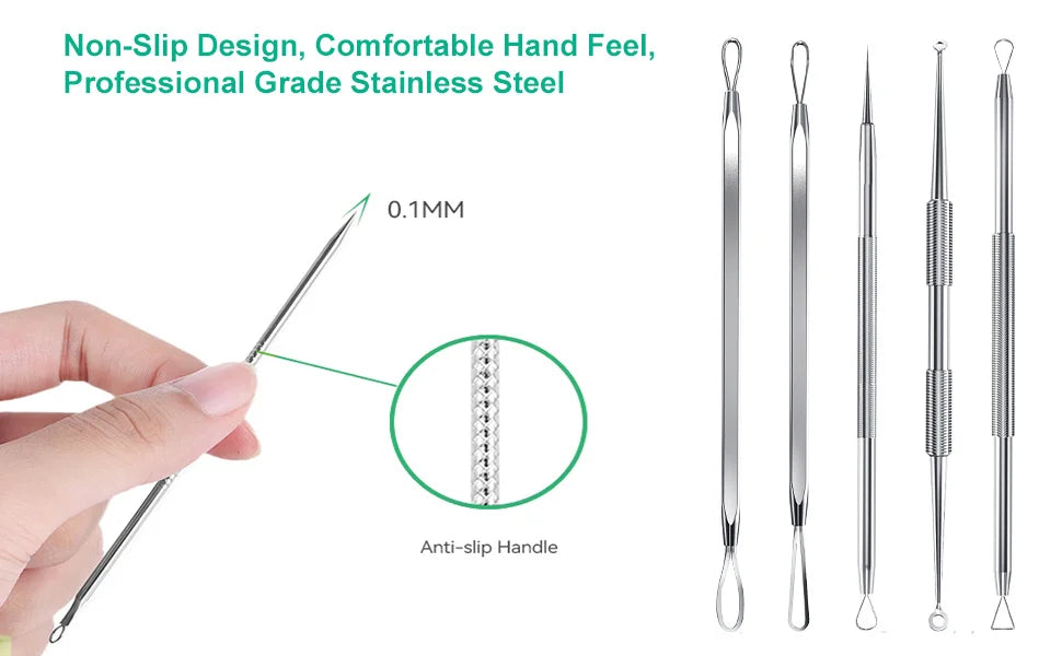 Professional Stainless Steel Blackhead and Pimple Extractor Tool Kit - 9