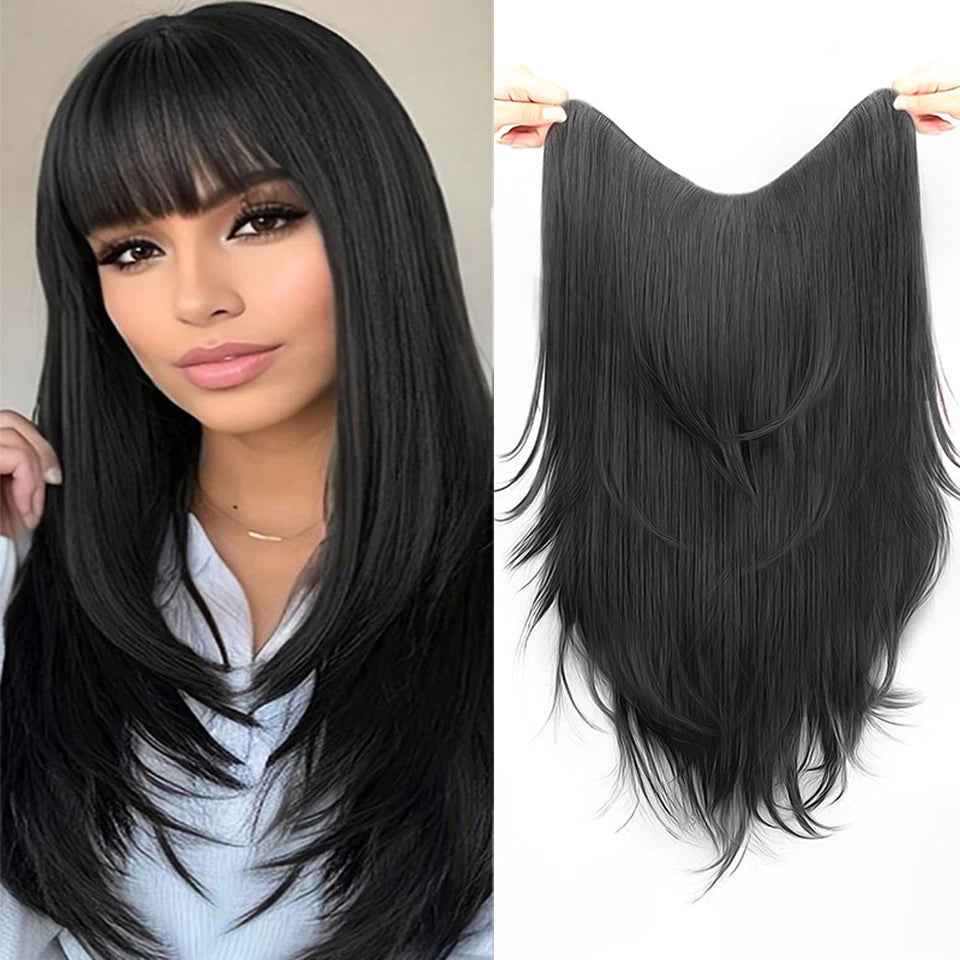 One-Piece Straight Layered Hair Extension with Clips for Women